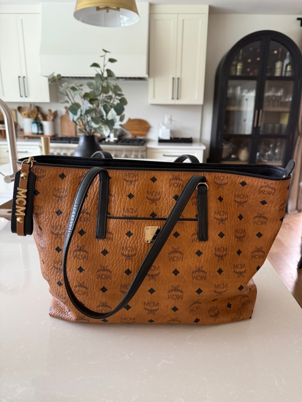 MCM Cognac Visetos Tote with Black Trim and Gold Hardware
